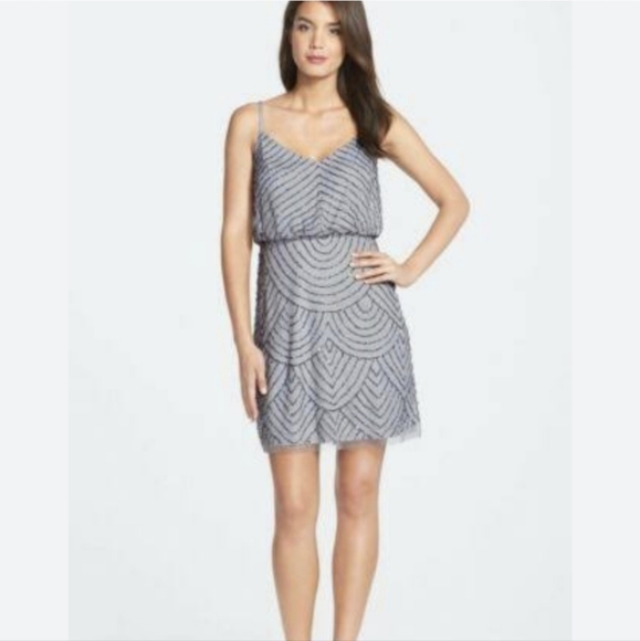 Adrianna Papell Grey Blue Blouson Beaded Sequined Cocktail Mini Dress US 8 - Picture 1 of 15